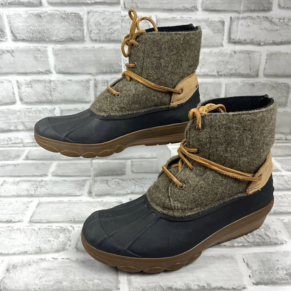 Sperry Black Rubber & Olive Wool Waterproof Winter Boots with Brown Trim